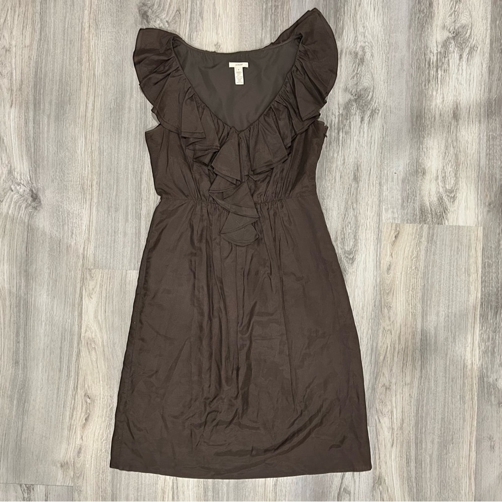 J. Crew Brown Ruffled Sleeveless Silk Blend A-Line Knee Length Dress Size 4
